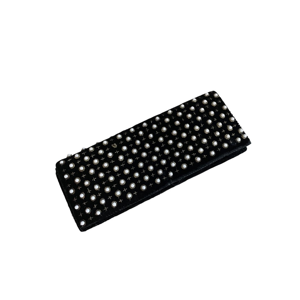 Vintage Black Velvet Faux Pearl Beaded Evening Clutch Bag Gold Accents
